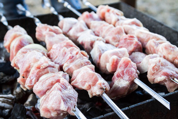 Cooking shish kebab on skewers