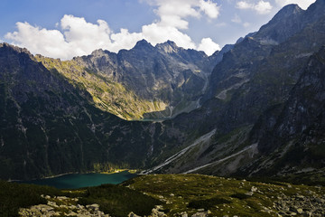 View of the lake in the valley in Polish mountains, Tatras