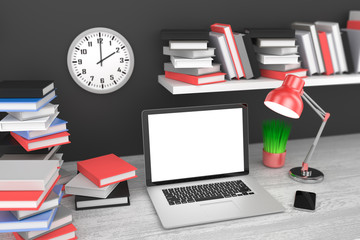 3D illustration laptop and books, Workspace