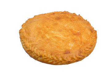 A savoury meat pie with a golden crust studio isolated