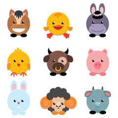 Set of cute farm animals on white background