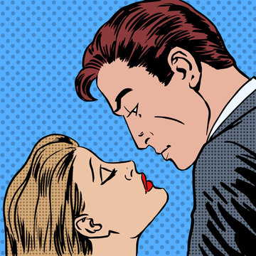 Love Men And Women Kiss Pop Art Comics Retro Style Halftone