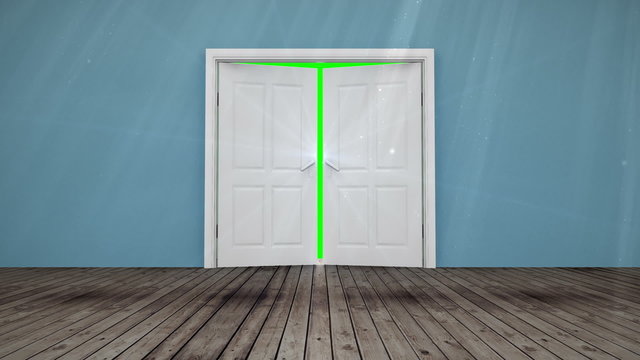 Door opening to green screen