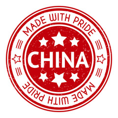 Made in China red vector graphic. Round rubber stamp isolated