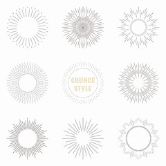Set of vintage sunburst. Geometric shapes and light ray