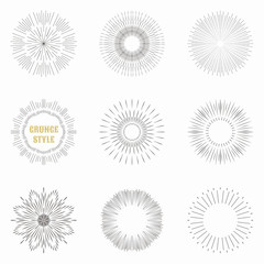 Set of vintage sunburst. Geometric shapes and light ray