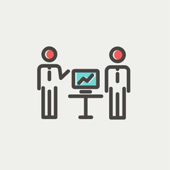 Two men and their business report thin line icon