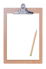 white paper with clipboard and pencil, isolated on white backgro