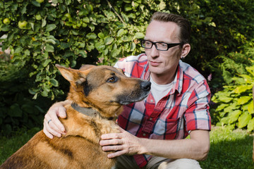 close up portrait man and his dog