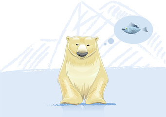 Polar bear think about fish vector illustration