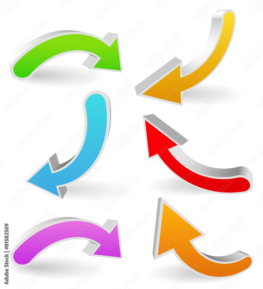 Poster curved, bent colorful vector arrow elements isolated on white. e