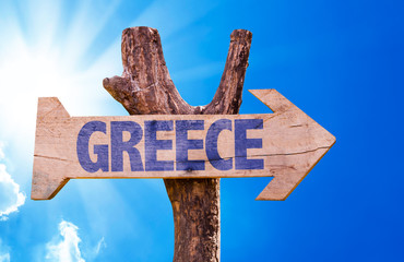 Greece wooden sign with sky background