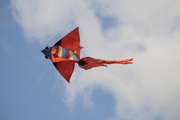 Low Angle View Of Kite Flying Against Clear Blue Sky