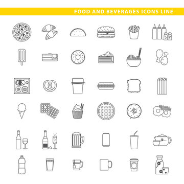 Food and beverages icons line.
