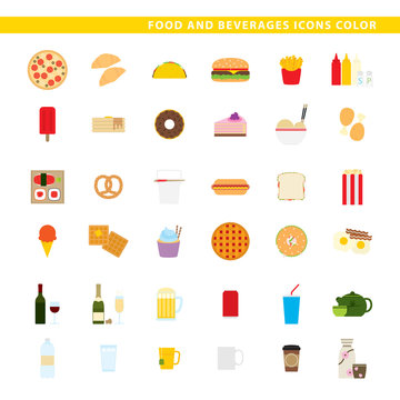 Food and beverages icons color.