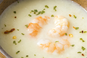 Potato soup with shrimps.