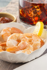Shrimps and cocktail sauce.