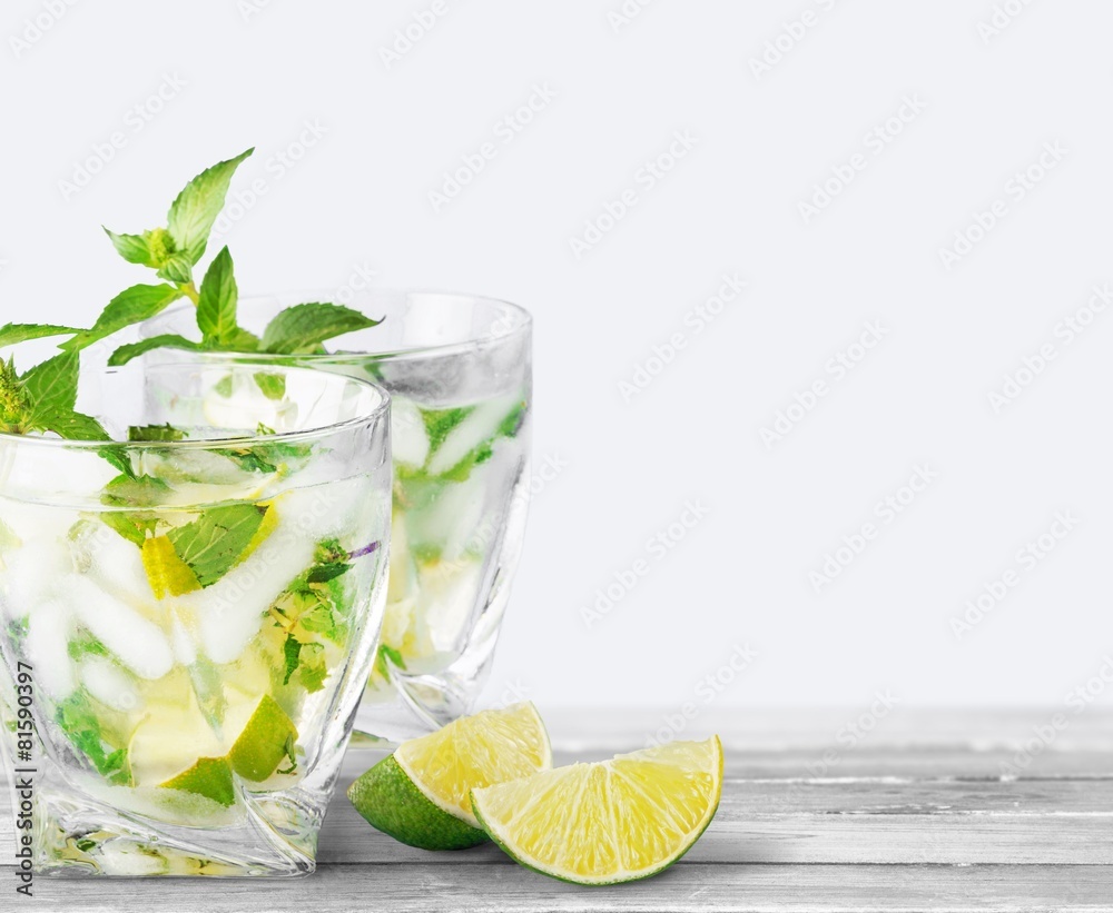 Poster Mojito. Cold mojito drink, glass of alcohol isolated over white