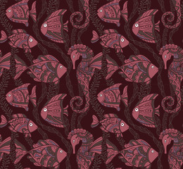 Vector Ornate Sea Seamless Pattern with fishes, seahorses