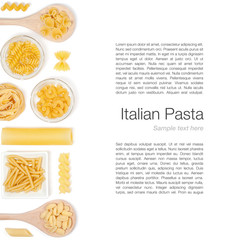 various pasta on white background top view