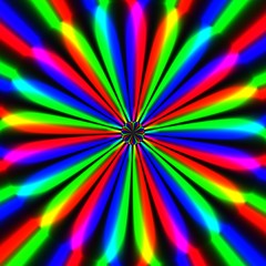 Abstract illustration of bright colorful spirals rotating on bla