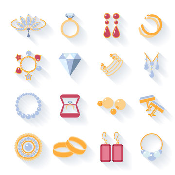 Earrings, rings, cufflinks and necklaces flat icons