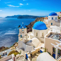 Foto op Plexiglas Santorini blue dome churches, Greece © marchello74