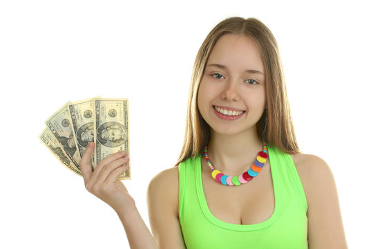 Cheerful attractive young lady holding cash and happy smiling