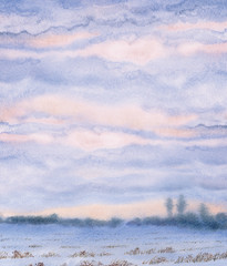 Watercolor background. Sunset over the winter steppe