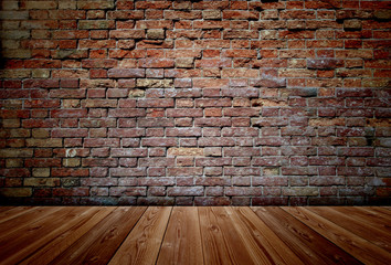 Conceptual old vintage brick wall and wood floor - obrazy, fototapety, plakaty
