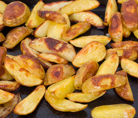 Fried potatoes background on a pan