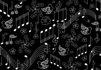 Vector seamless pattern with singing birds and musical notes