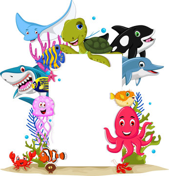 cartoon sea animals with blank sign for you design