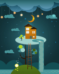 Illustration vector,house on peaceful landscape,night sky