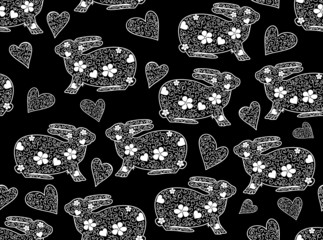 Easter vector seamless pattern with rabbits and hearts