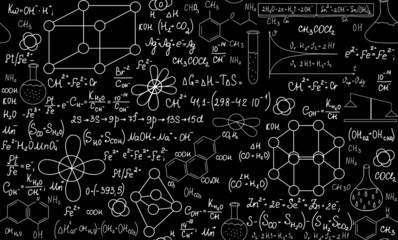 Chemistry vector seamless pattern with formulas, lab equipment - obrazy, fototapety, plakaty