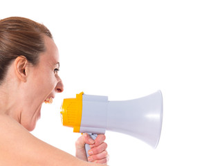 Sport woman shouting by megaphone