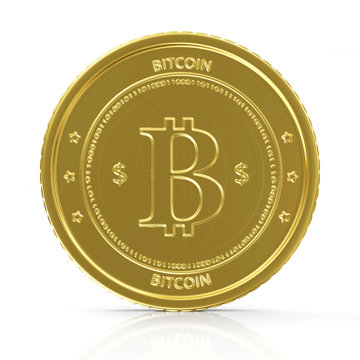 Business, Finance and Internet Online Payment System Concept. Golden Bitcoin Cryptocurrency isolated on white reflective background