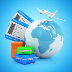 Air Travel and Vacation Concept. Earth Globe with Airline Boarding Pass Tickets, Luggage and Flying Passenger Airplane isolated on gradient background. ( Elements of this image furnished by NASA )