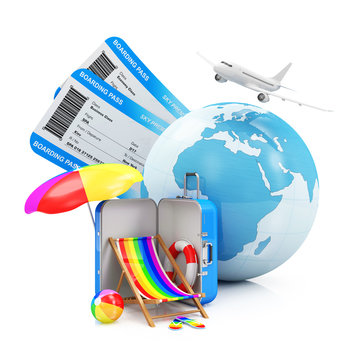 Air Travel and Vacation Concept. Earth Globe with Airline Boarding Pass Tickets, Summer Accessories and Flying Passenger Airplane on white background. ( Elements of this image furnished by NASA )
