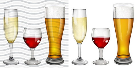 Transparent and opaque full glass goblets with wine, champagne a