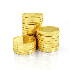Business, Finance and Internet Online Payment System Concept. Stack of Golden Bitcoins Cryptocurrency isolated on white reflective background