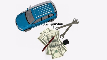 car service lettering with a car, money and wrench