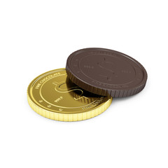 Business, Financial and Sweet Candy Food Concept. Golden Coin with Chocolate Coin Isolated on white background