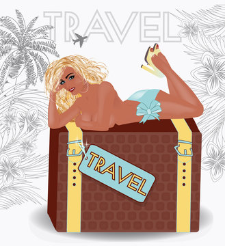 Summer travel sexy pin up girl, vector illustration