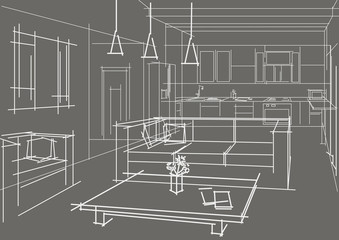 linear sketch interior of flat on gray background