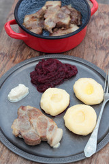 Pork steak with silesian noodles and beetroot puree.