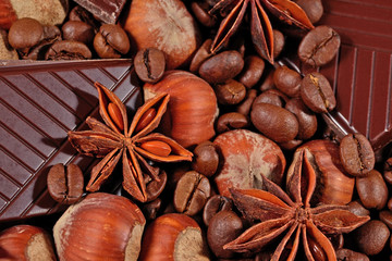 Coffee, chocolate, star anise and hazelnuts