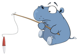 Little hippopotamus a fisherman. Cartoon