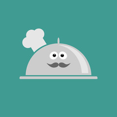 Silver platter cloche Chef hat with eyes moustache. Flat des